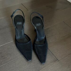 Anne Klein Black Mesh Pointed Slingback Heels